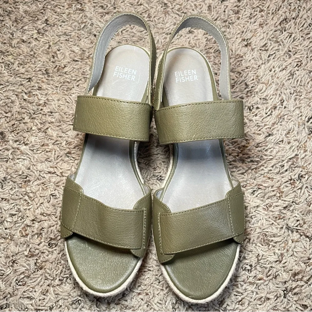 Eileen Fisher olive green tumbled‎ leather espadrilles wedge heel